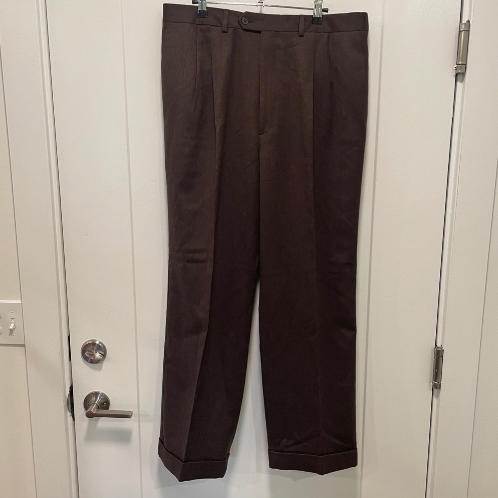 Paul Stuart Mens Brown Virgin Wool Pleated Cuffed Dress Pants Made in Italy 36
